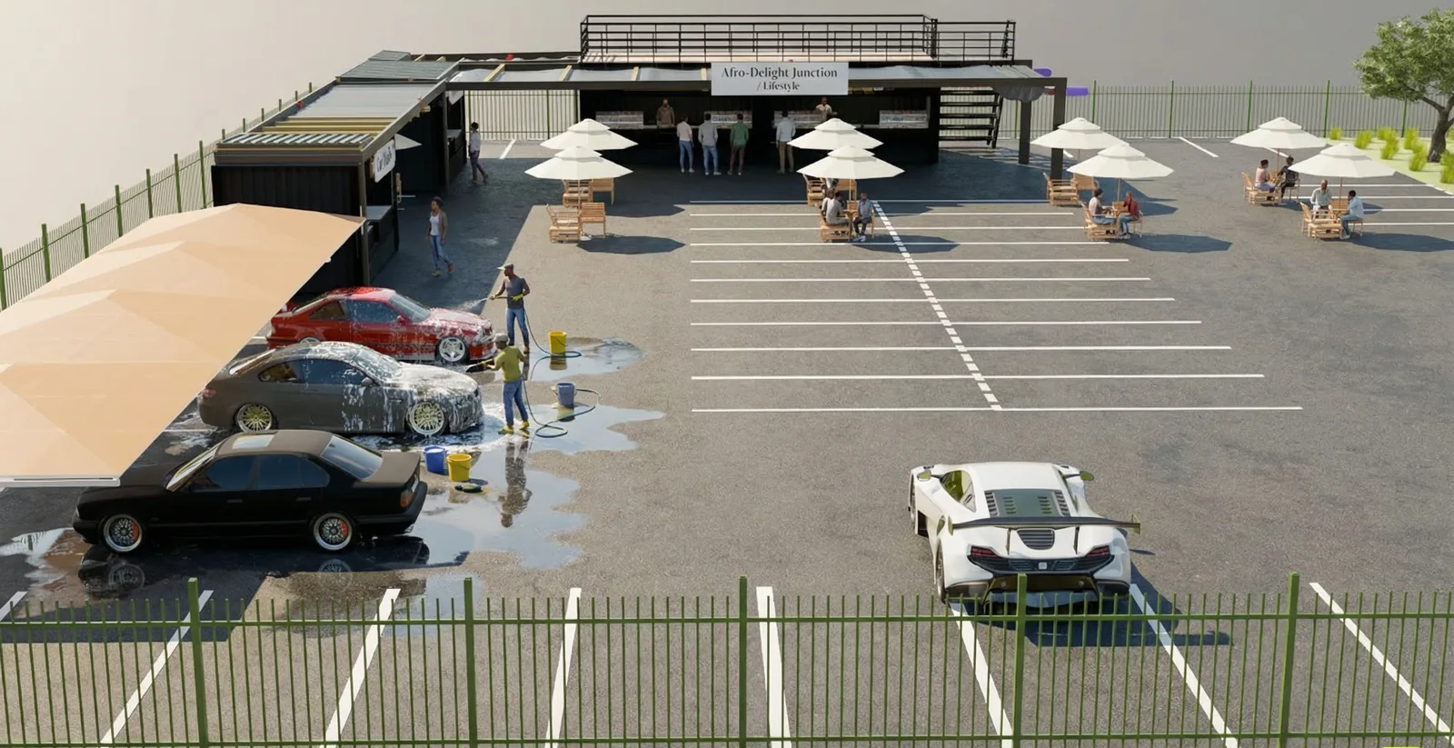 Daytime 3D visualisation of the Afro-Delight lifestyle venue and car-wash area