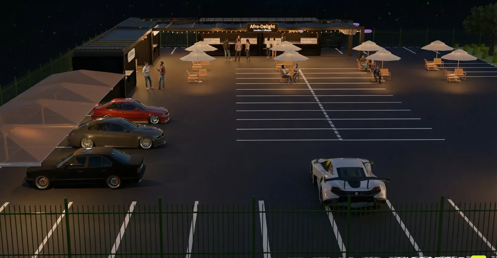Nighttime 3D visualisation of the illuminated Afro-Delight lifestyle venue