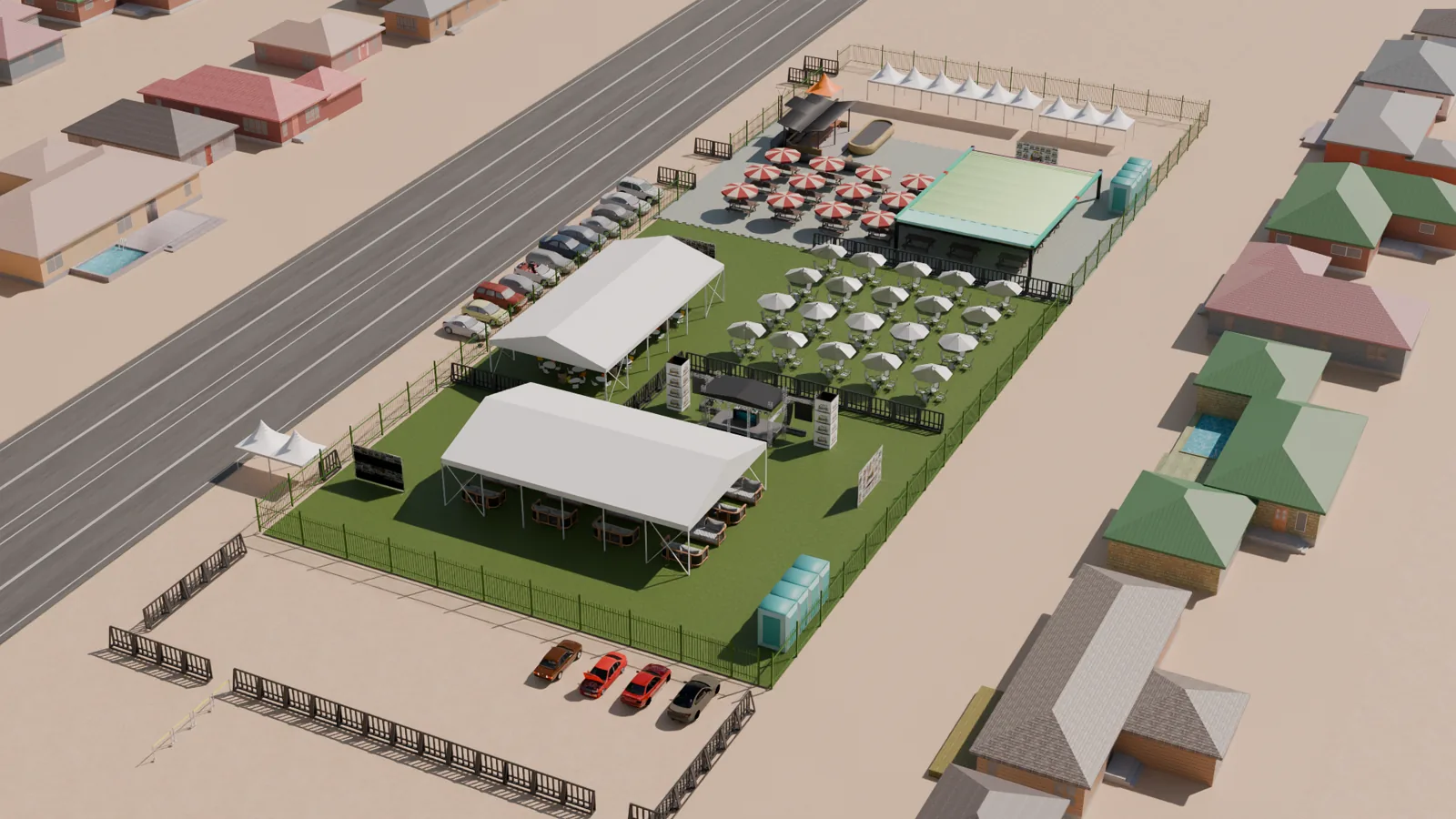 Aerial 3D masterplan of an outdoor event venue with tents, stage, seating and parking