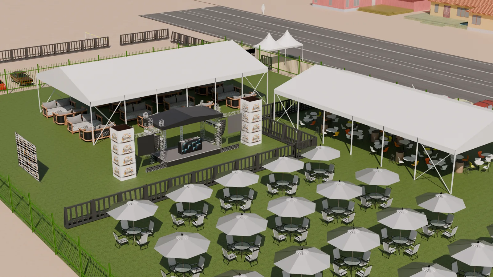 Aerial 3D render of an outdoor event stage, lounge tents and guest seating