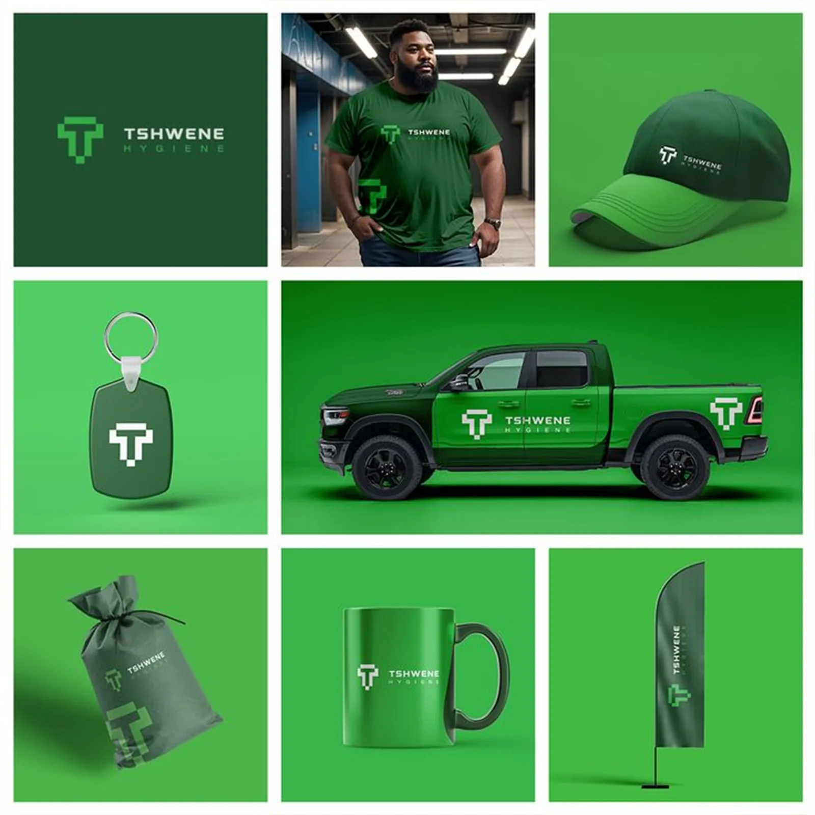 Tshwene green brand identity applied to apparel, a vehicle and merchandise