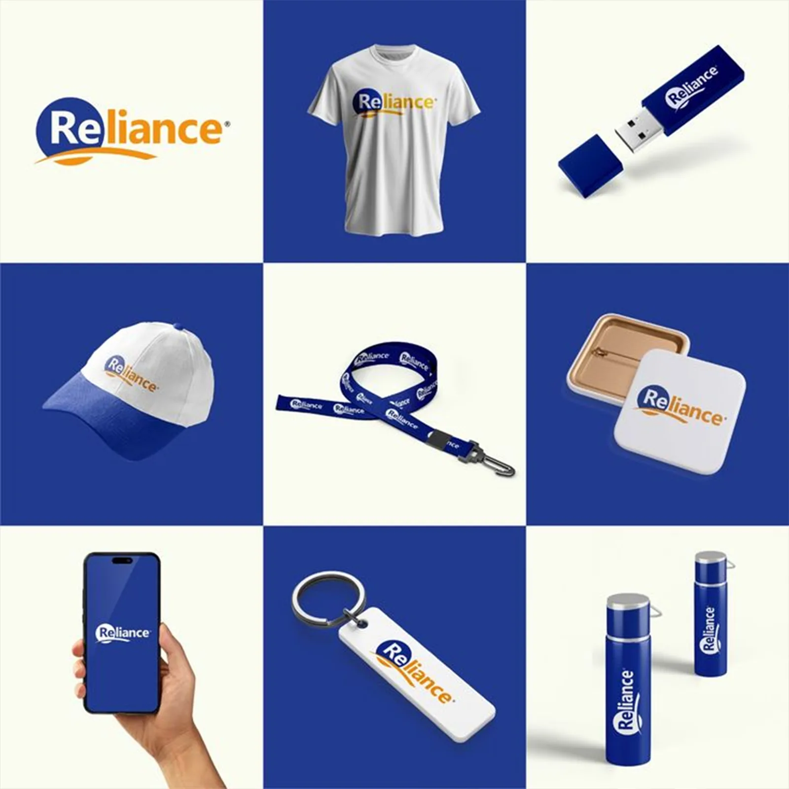 Reliance blue and cream brand identity applications