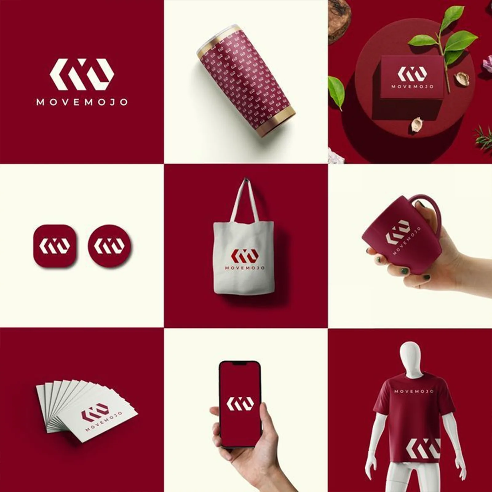 Burgundy merchandise brand identity applications