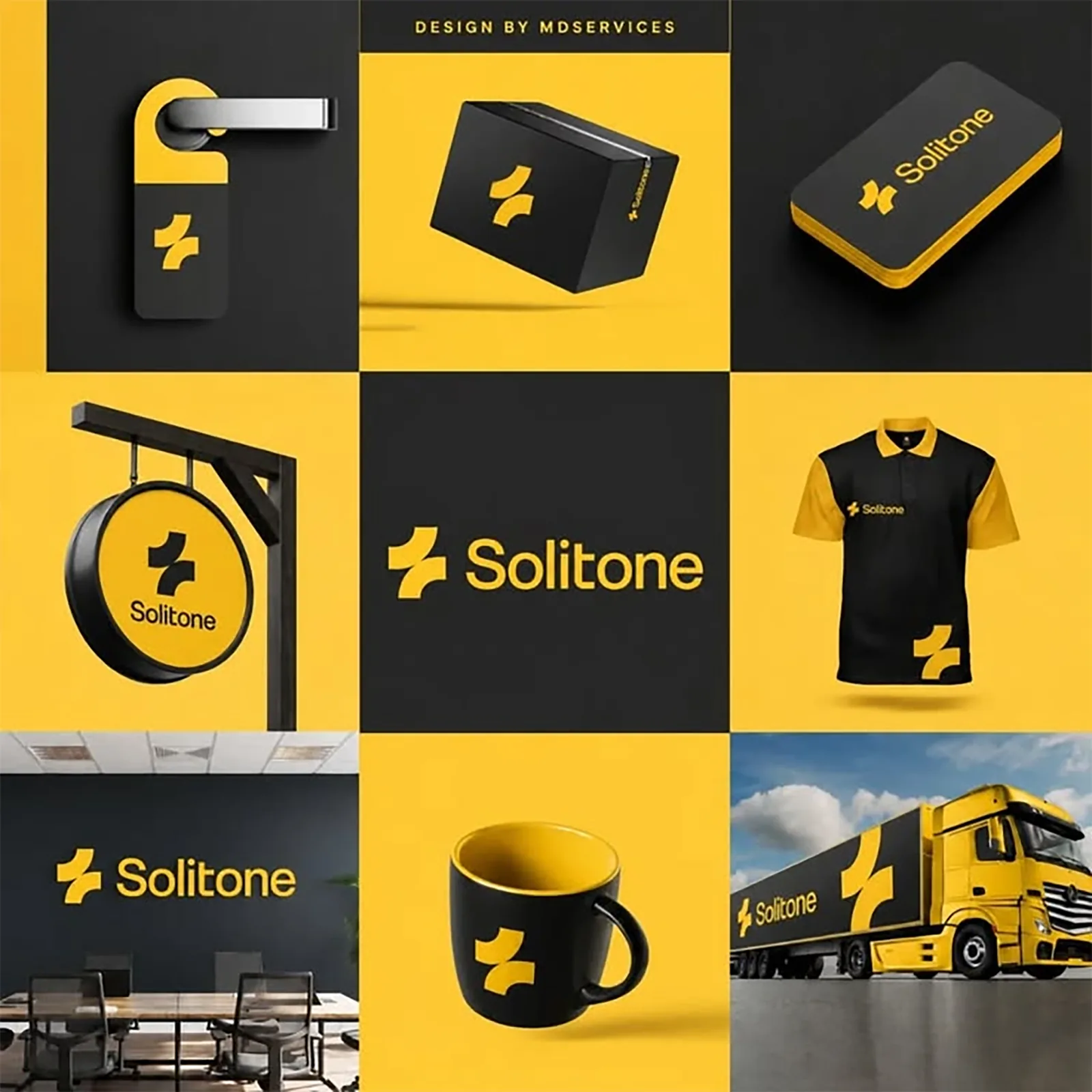 Solitone black and yellow brand identity applications