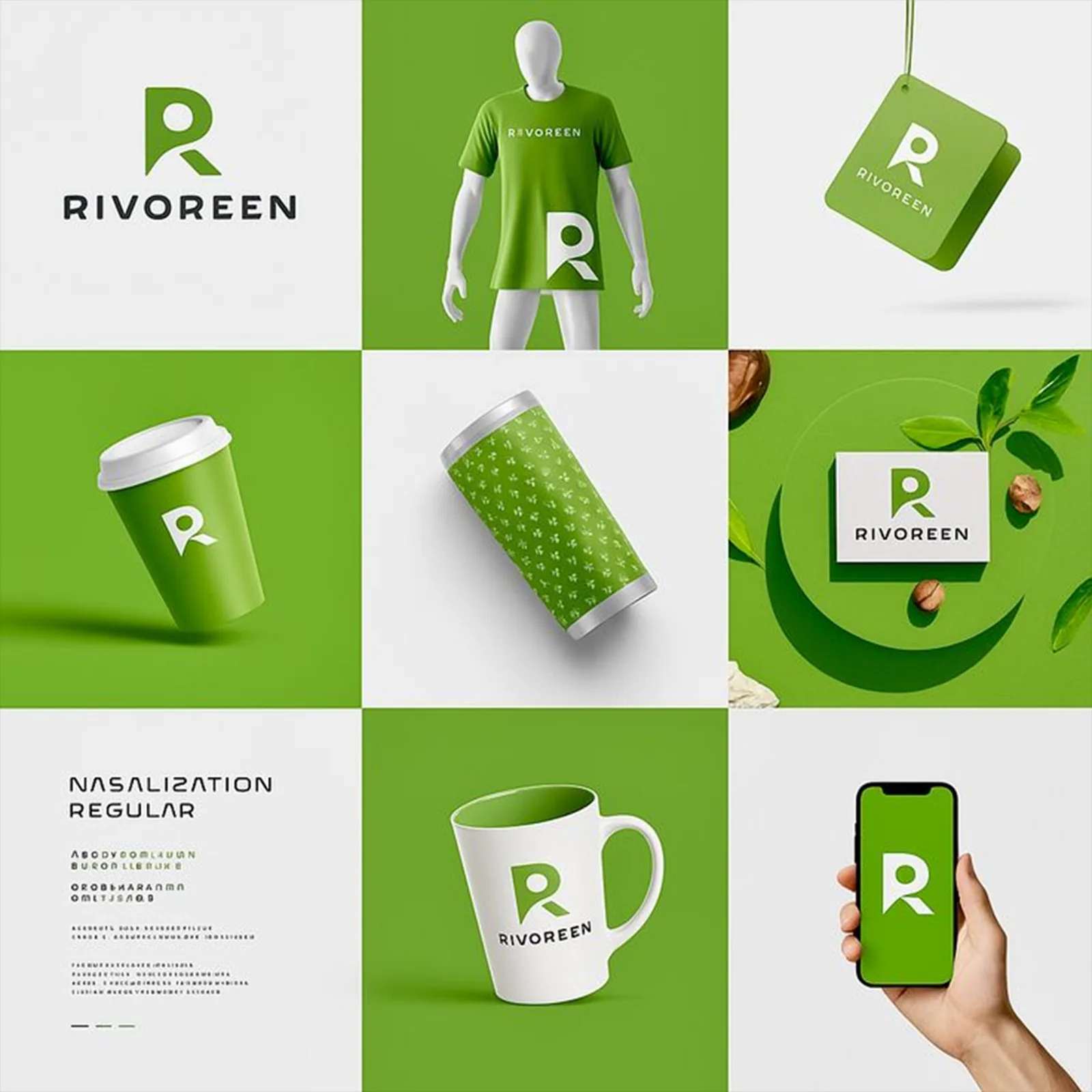 Rivoreen green brand identity and product mockups