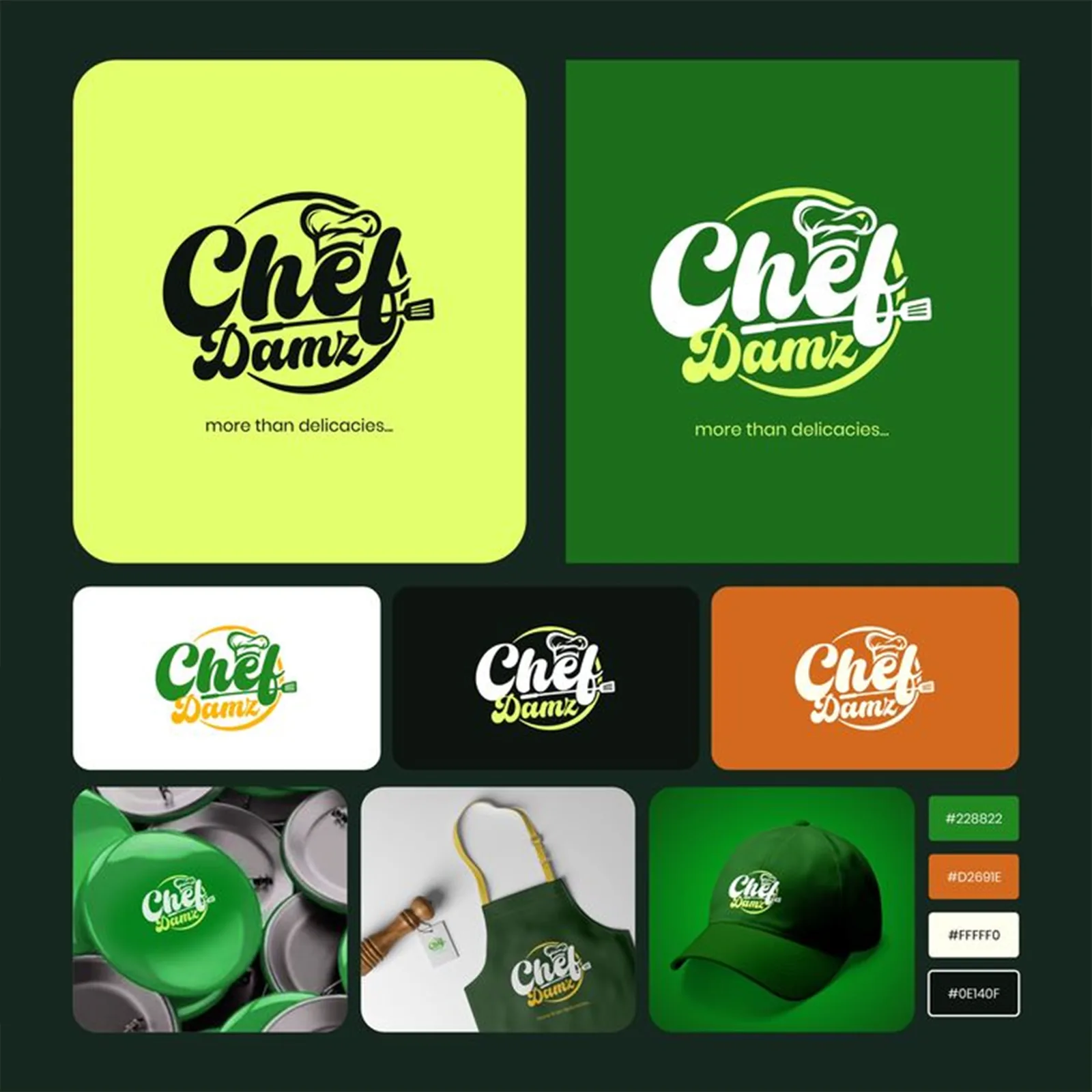 Chef Danilo green food brand identity and merchandise board