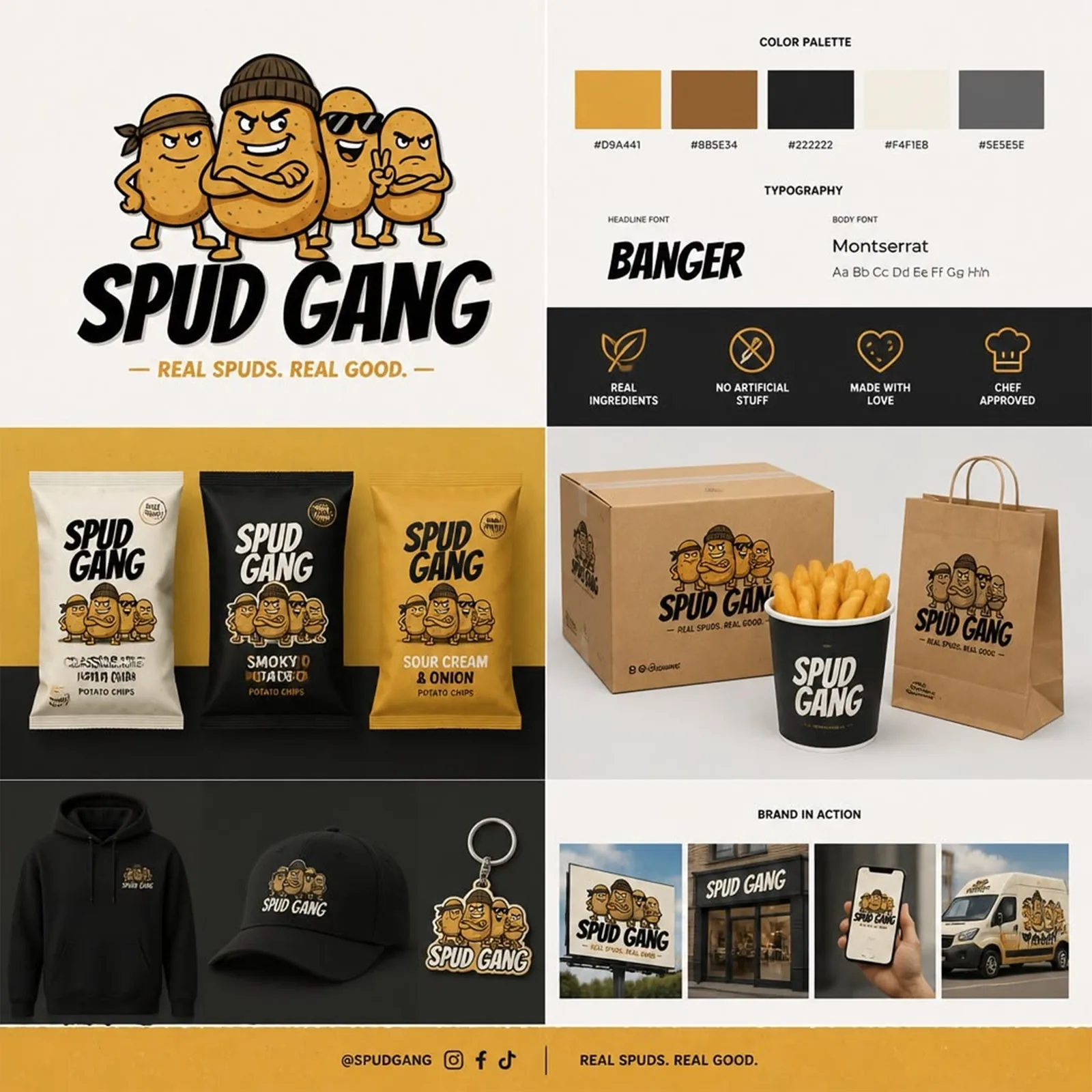 Spud Gang food brand identity, packaging and merchandise board