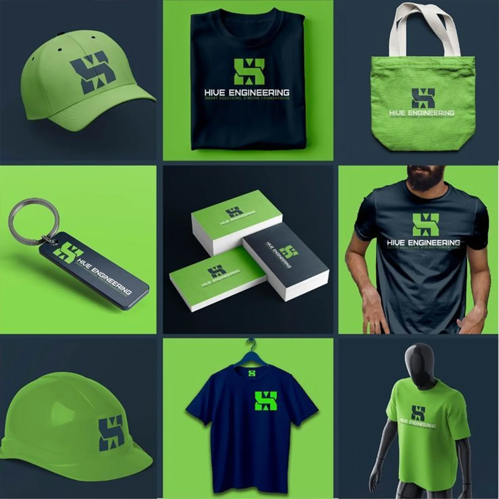 Hub Engineering green and navy identity applications