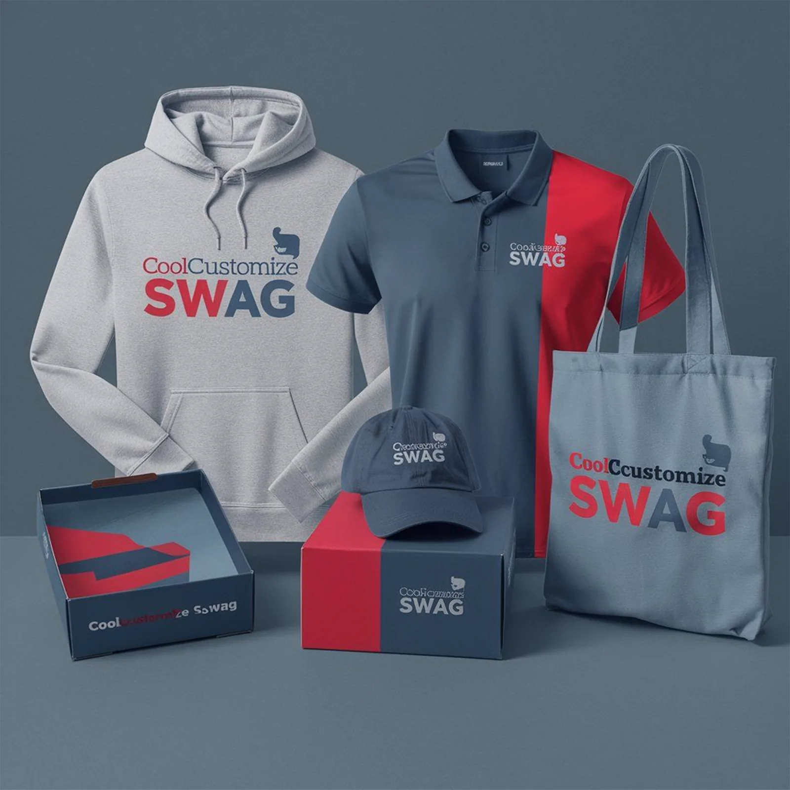 Grey, red and navy apparel merchandise brand presentation