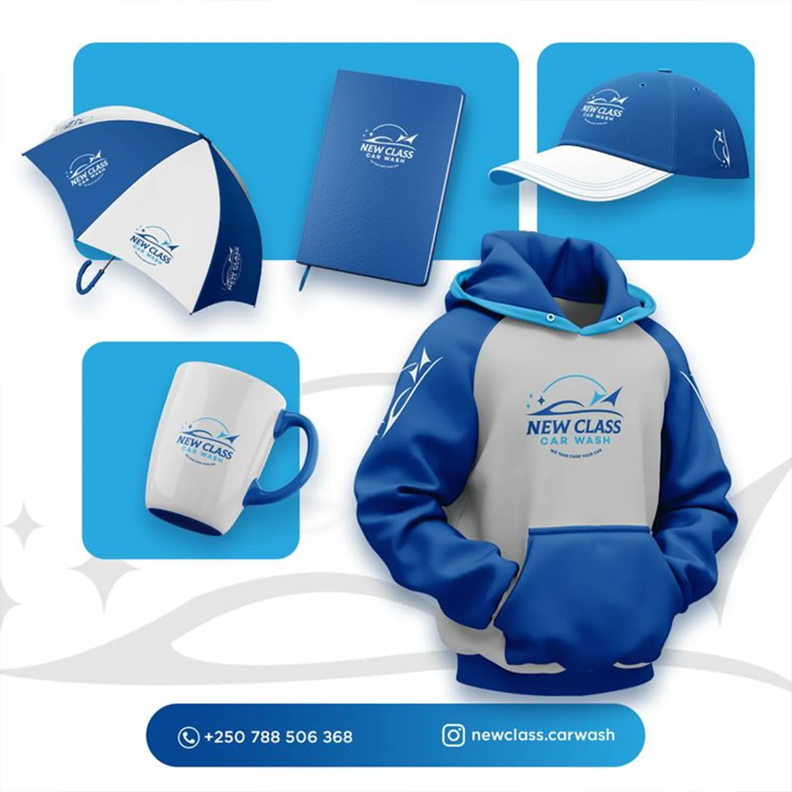 New Class blue and white merchandise branding collection